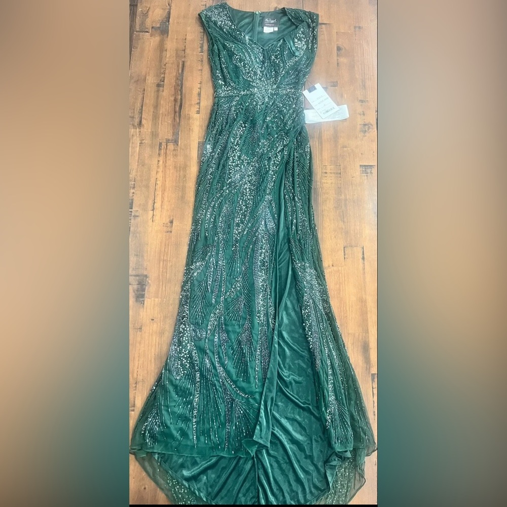 Mac Duggal NWT $598 Authentic 5227 Bottle Green V neck cap sleeve beaded high 4